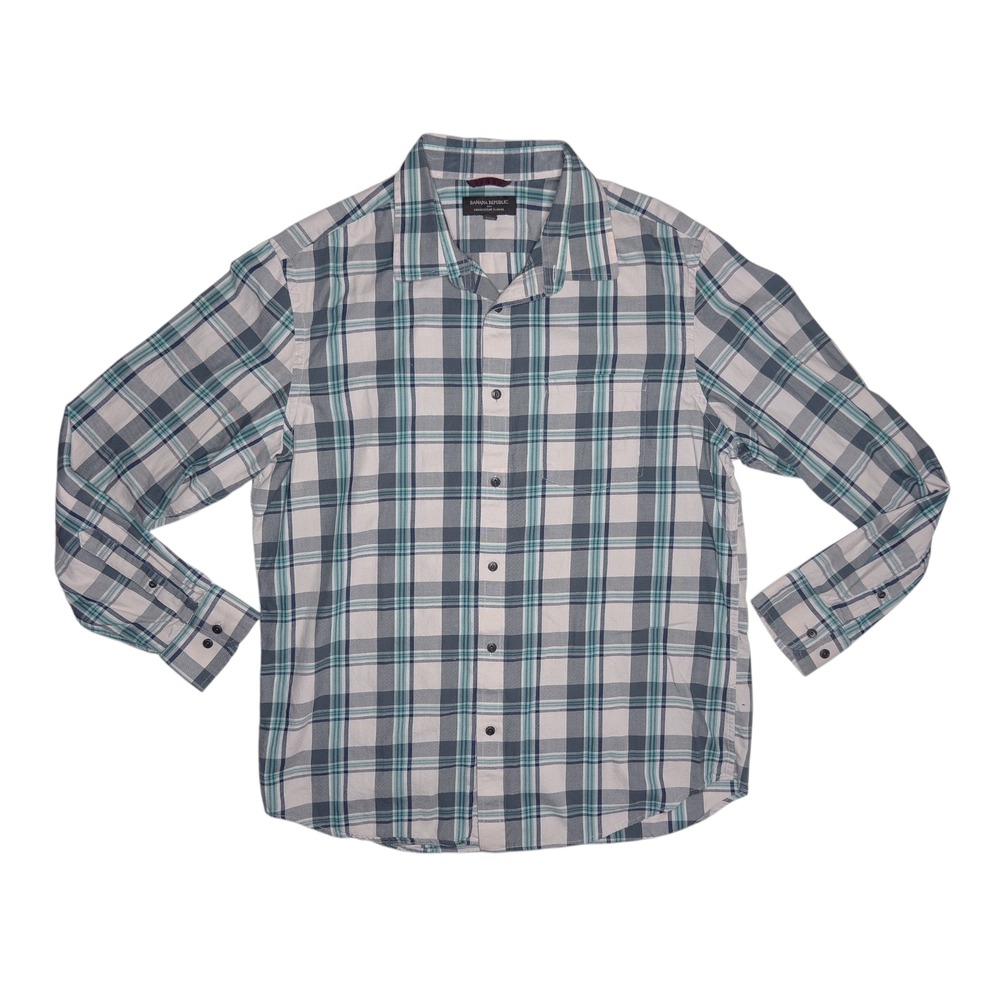 Banana Republic Men's Large Lightweight Flannel Shirt White Gray Blue Plaid
